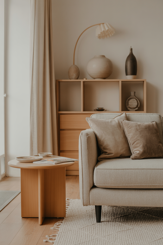 Japandi living room with low wooden side table beside sofa, minimalist styling, neutral textiles, warm natural light, calm balanced composition, realistic interior photography, no people, no text