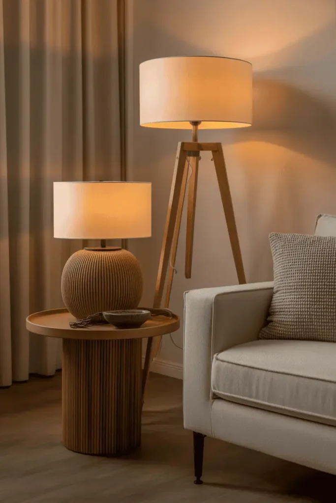 Living room with wooden table lamp and floor lamp accents, warm ambient lighting, soft shadows, neutral decor palette, Scandinavian–modern wood aesthetic, realistic interior photography, high resolution, no people, no text, no watermark