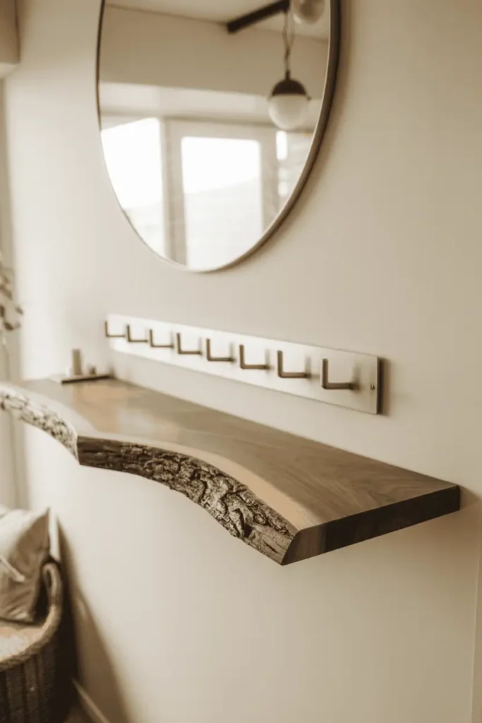 Modern minimal entryway with single live-edge walnut floating shelf with natural bark edge intact, simple metal hook strip below, round mirror above. White walls, the live-edge shelf as sculptural focal point and only wood element. Natural lighting, contemporary aesthetic, organic warmth. Interior photography emphasizing unique wood grain and natural edge detail, clean composition.