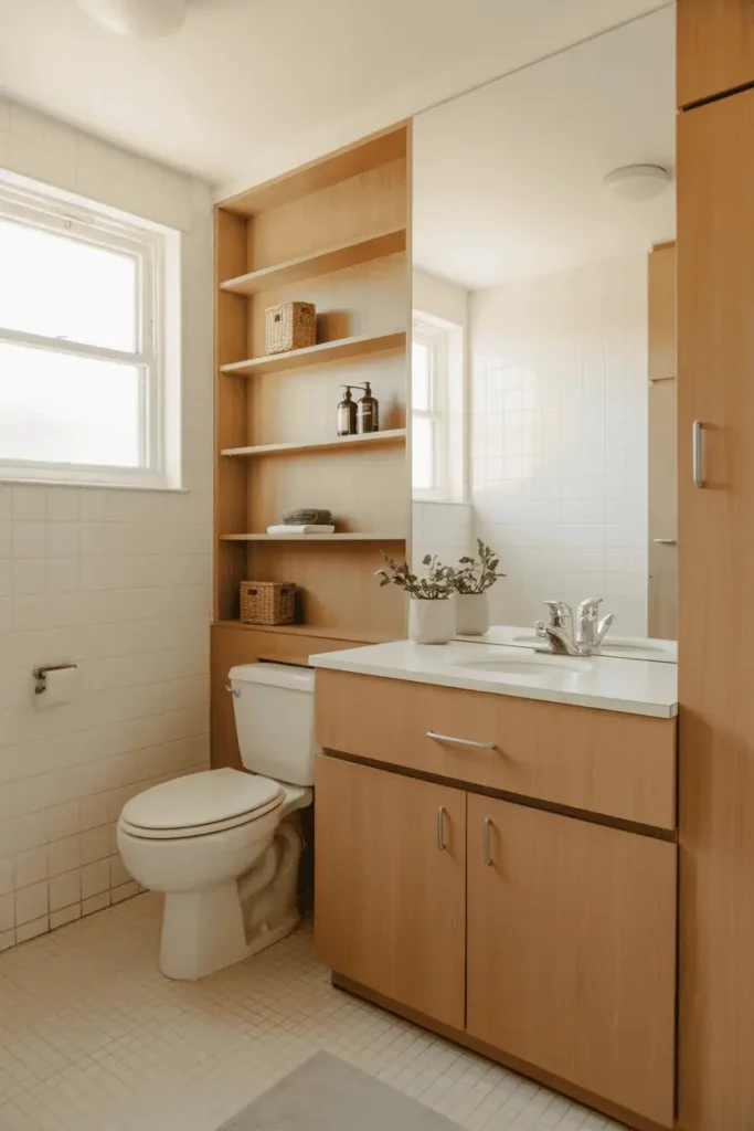 Small bathroom using light wood vanity and shelving, compact layout, neutral colors, airy and open feel, natural daylight, realistic interior photography, no people, no text, no watermark
