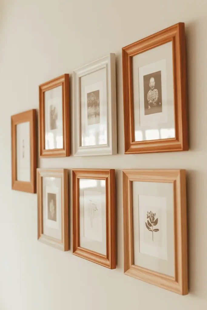 A straight-on view of a gallery wall featuring six wooden frames in varying sizes arranged in a loose grid pattern. The frames show different wood tones: light oak, warm cherry, medium walnut. Each frame has simple profiles with visible grain. Inside: black-and-white photographs, botanical prints, and simple line drawings. The wall is painted cream with soft, even natural lighting. Frames are spaced consistently with approximately 3 inches between each. Editorial, collected aesthetic.
