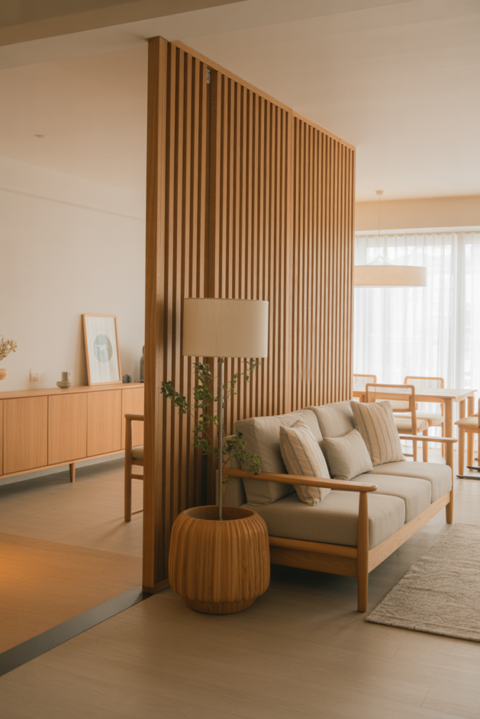 Japandi living room with vertical slatted wooden room divider, open-plan space, light oak tones, neutral furnishings, airy composition, soft daylight, editorial interior photography, no people, no text
