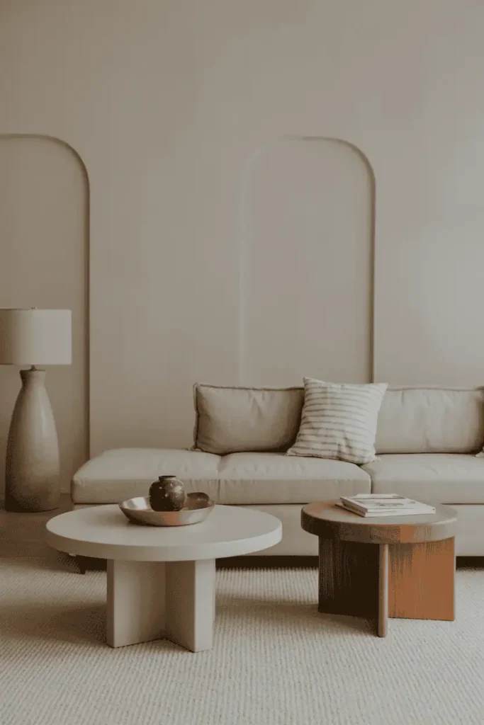 Minimalist living room with functional wooden decor objects like benches and trays, restrained styling, neutral palette, calm and intentional atmosphere, realistic interior photography, high resolution, no people, no text, no watermark