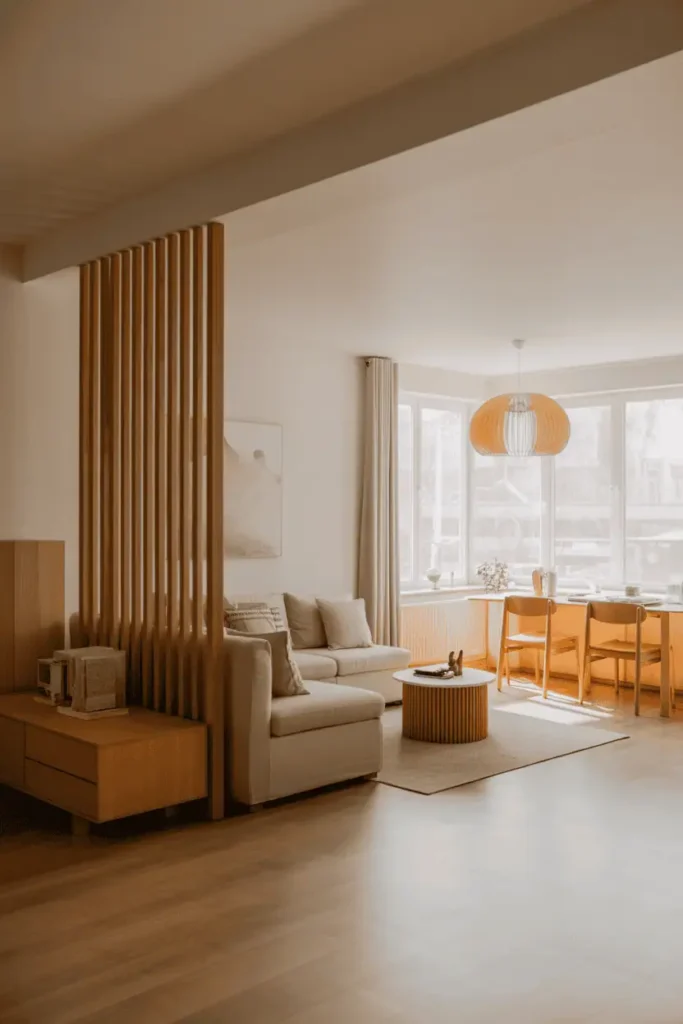 Open-plan living room with wooden slatted room divider, natural light, neutral furnishings, airy and functional layout, Scandinavian–modern wood aesthetic, realistic interior photography, high resolution, no people, no text, no watermark