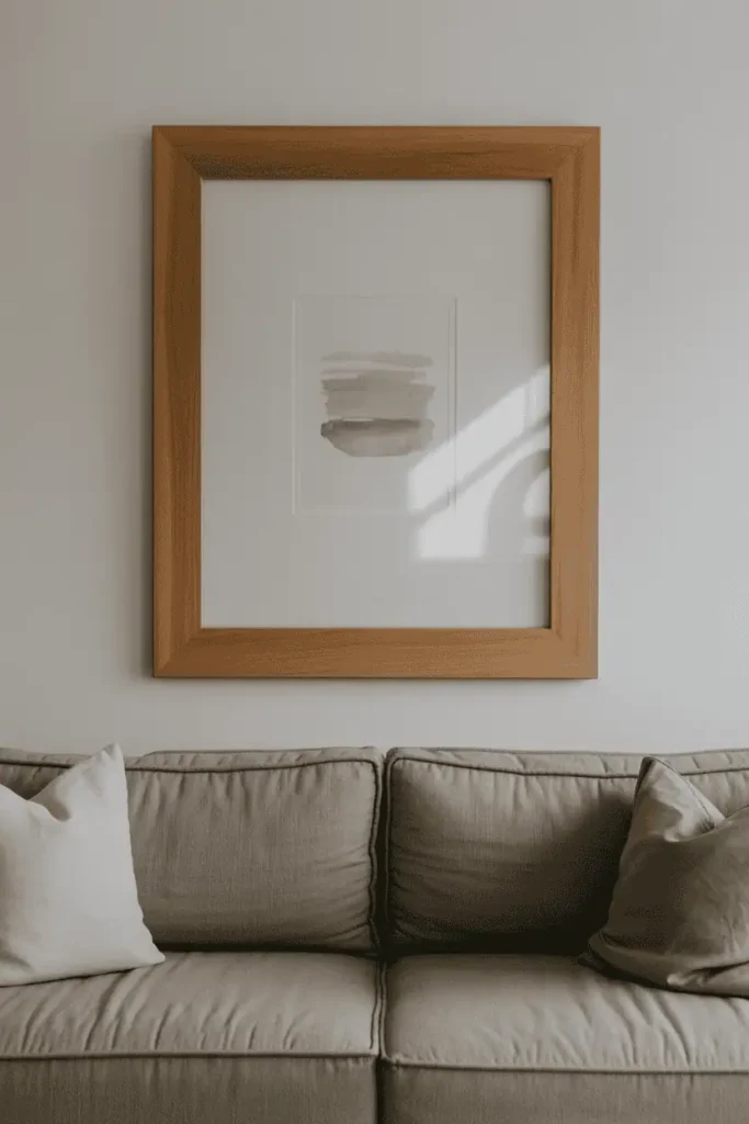 A frontal editorial photograph of a living room featuring a large wooden frame in natural oak centered above a soft gray linen sofa. The frame is approximately 40 inches wide with clean lines and visible wood grain. Inside is a simple abstract watercolor print in muted earth tones. The wall is painted soft white. Two neutral pillows rest on the sofa. Directional natural light from a nearby window creates soft shadows. Calm, balanced composition with shallow focus on the frame.