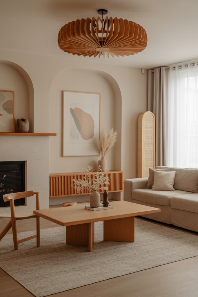 Japandi living room with carefully mixed light and medium wood tones, cohesive warmth, neutral furnishings, natural textures, soft daylight, balanced minimalist styling, interior design photography, no people, no text