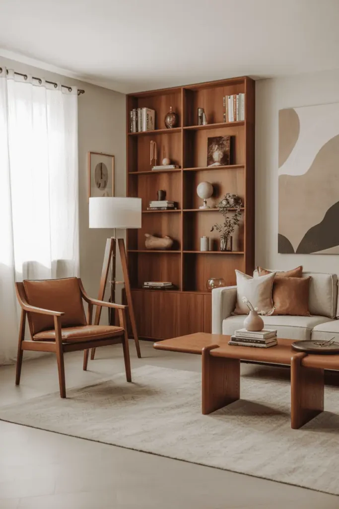 Living room featuring warm wood furniture paired with brown leather chair, neutral textiles, grounded and timeless atmosphere, Scandinavian–modern wood aesthetic, realistic interior photography, high resolution, no people, no text, no watermark