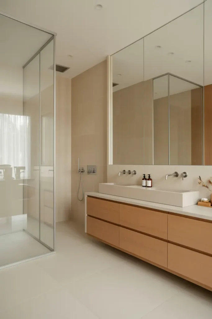 Minimalist bathroom with light wood, white, and soft beige tones only, restrained color palette, calm spa-like atmosphere, realistic interior photography, no people, no text, no watermark
