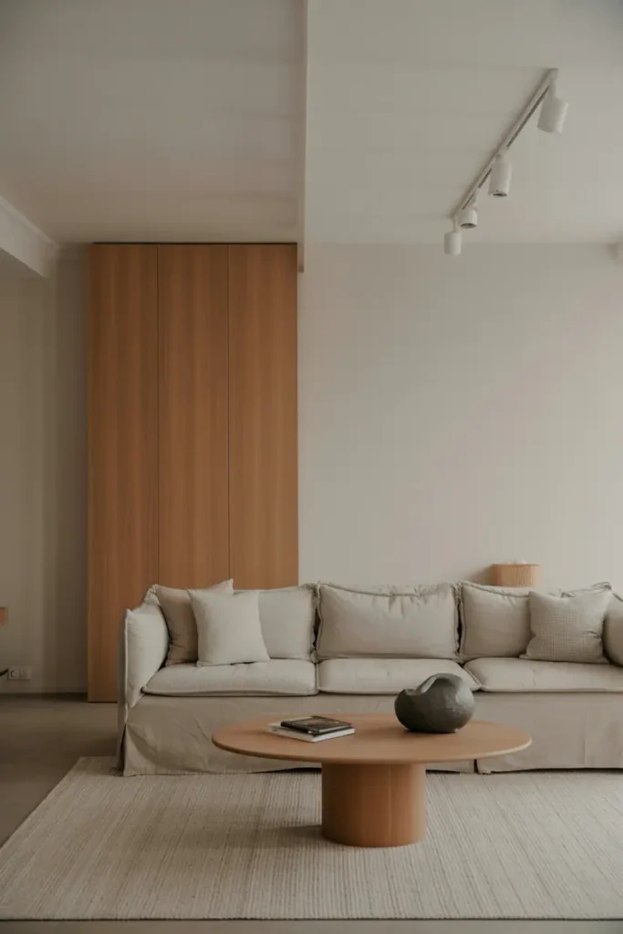 Minimalist living room wide shot with balanced wood elements, neutral colors, quiet atmosphere, editorial interior photography, high resolution, no people, no text, no watermark