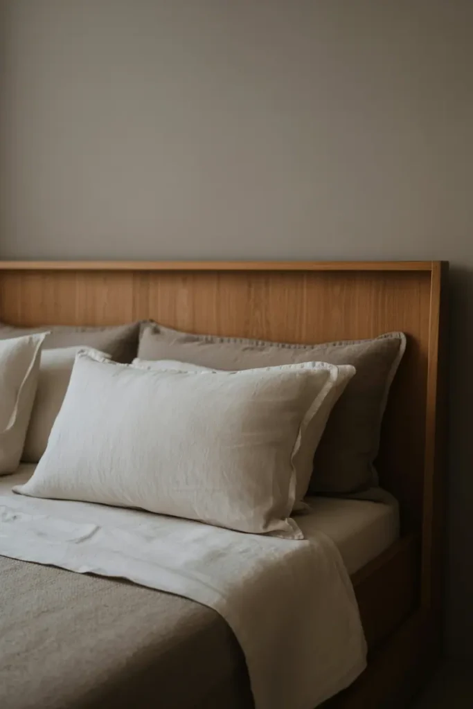 Softly lit bedroom detail showing wood grain, linen bedding, and neutral textures, quiet and restful mood, editorial close-up interior photography, no people, no text, no watermark