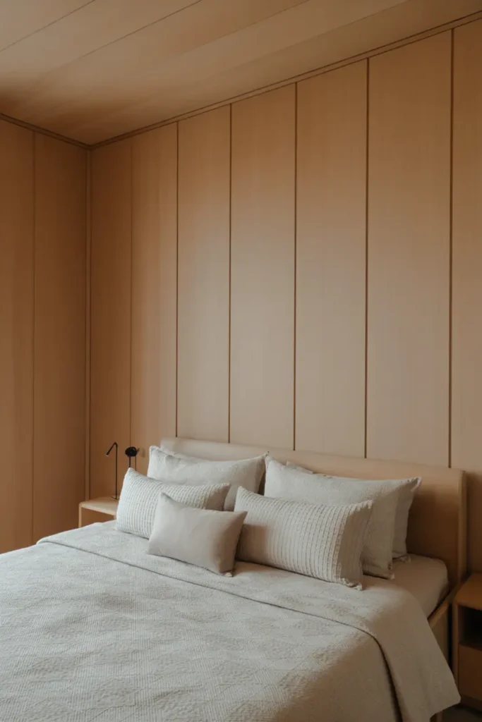 Calming bedroom where natural wood grain provides texture, plain neutral bedding, minimal patterns, soft daylight highlighting wood surfaces, realistic interior photography, no people, no text, no watermark