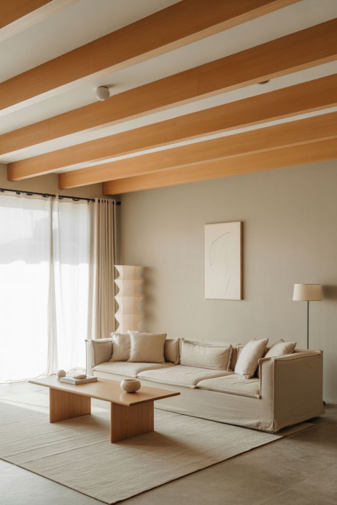 Japandi living room with subtle light wood ceiling beams, neutral furniture, soft natural light, architectural warmth, calm minimalist interior, editorial photography, no people, no text