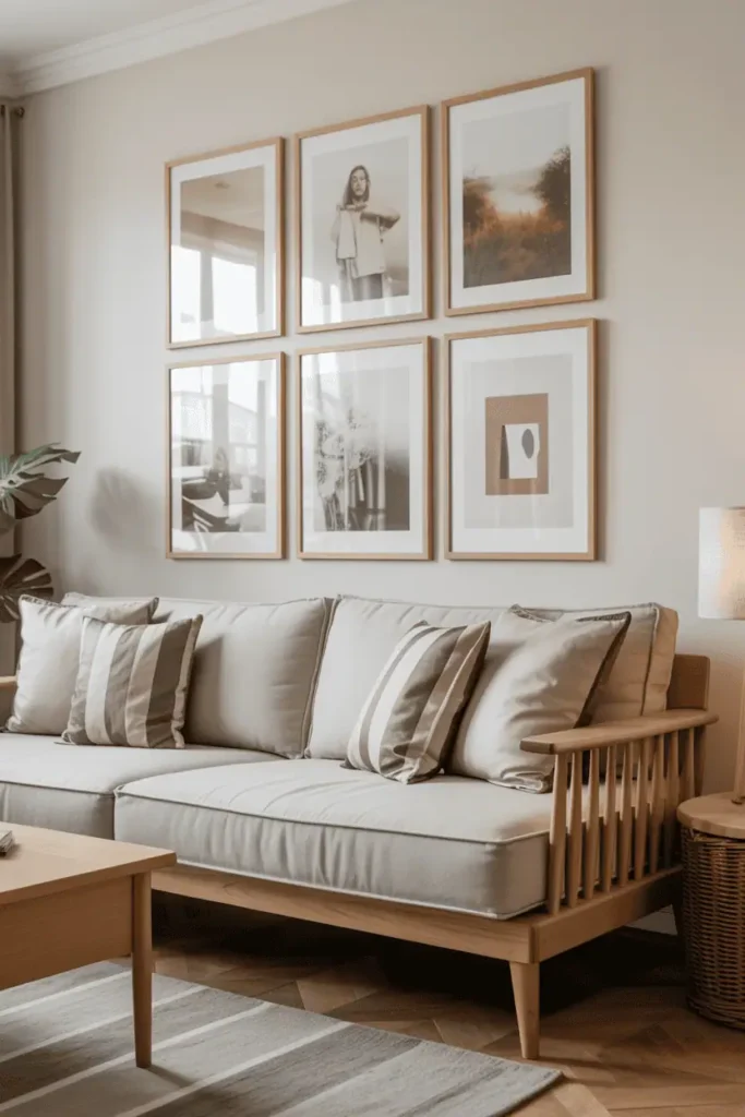 Living room gallery wall with natural wood picture frames above neutral sofa, soft artwork, warm wood accents, calm and cohesive styling, Scandinavian–modern wood aesthetic, realistic interior photography, high resolution, no people, no text, no watermark