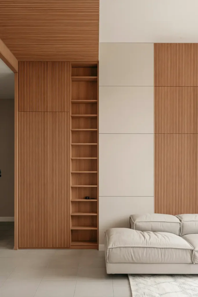Living room with architectural wood elements such as slat walls or built-in wood shelving, minimalist design, neutral palette, calm and structured atmosphere, realistic interior photography, high resolution, no people, no text, no watermark