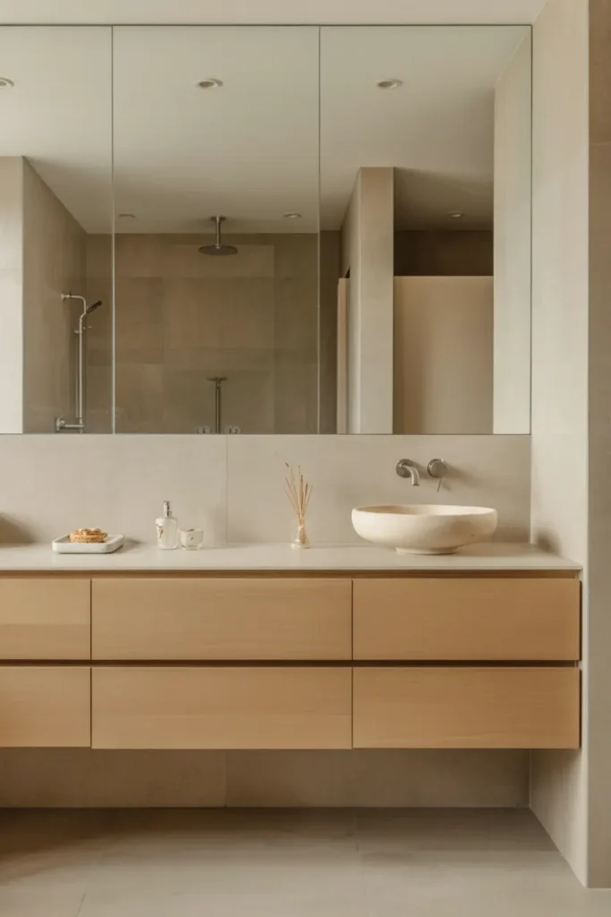 Spa bathroom with light wood elements finished in matte or satin textures, soft lighting, neutral tones, calm and tactile atmosphere, realistic interior photography, no people, no text, no watermark
