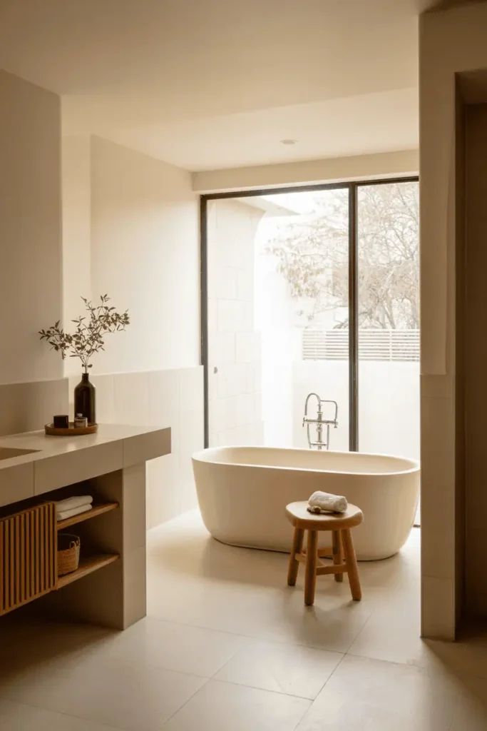 Bathroom with freestanding tub and light wood stool or bench nearby, white stone surfaces, warm and calming spa mood, natural daylight, realistic interior photography, no people, no text, no watermark
