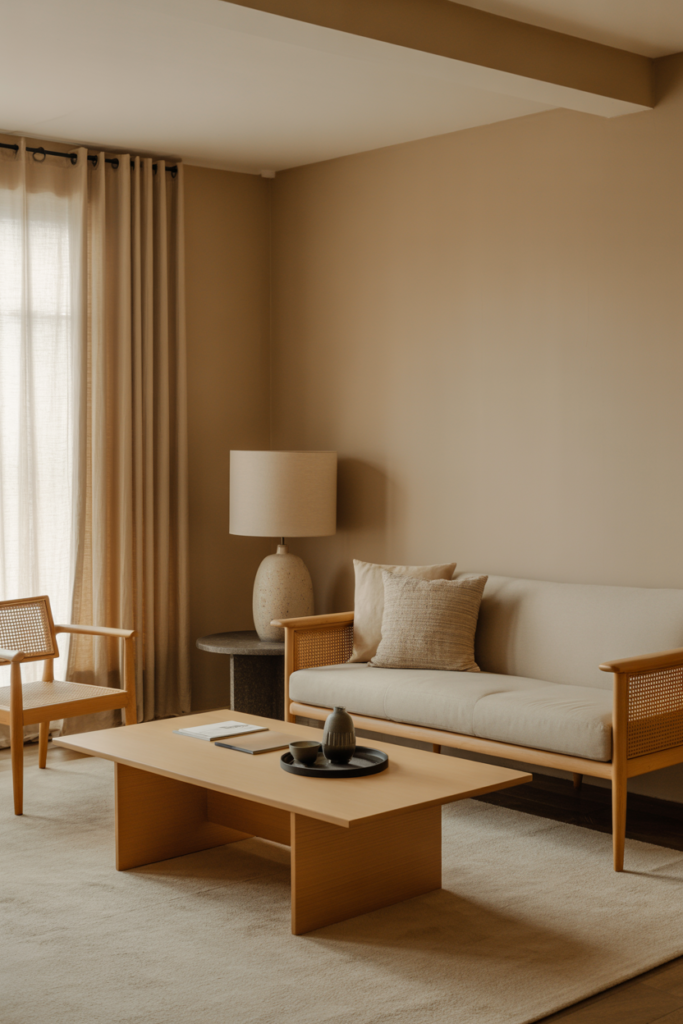 Japandi living room with warm neutral walls, light oak furniture, minimal decor, soft daylight, serene atmosphere, material-focused styling, high-end interior magazine photography, no people, no text