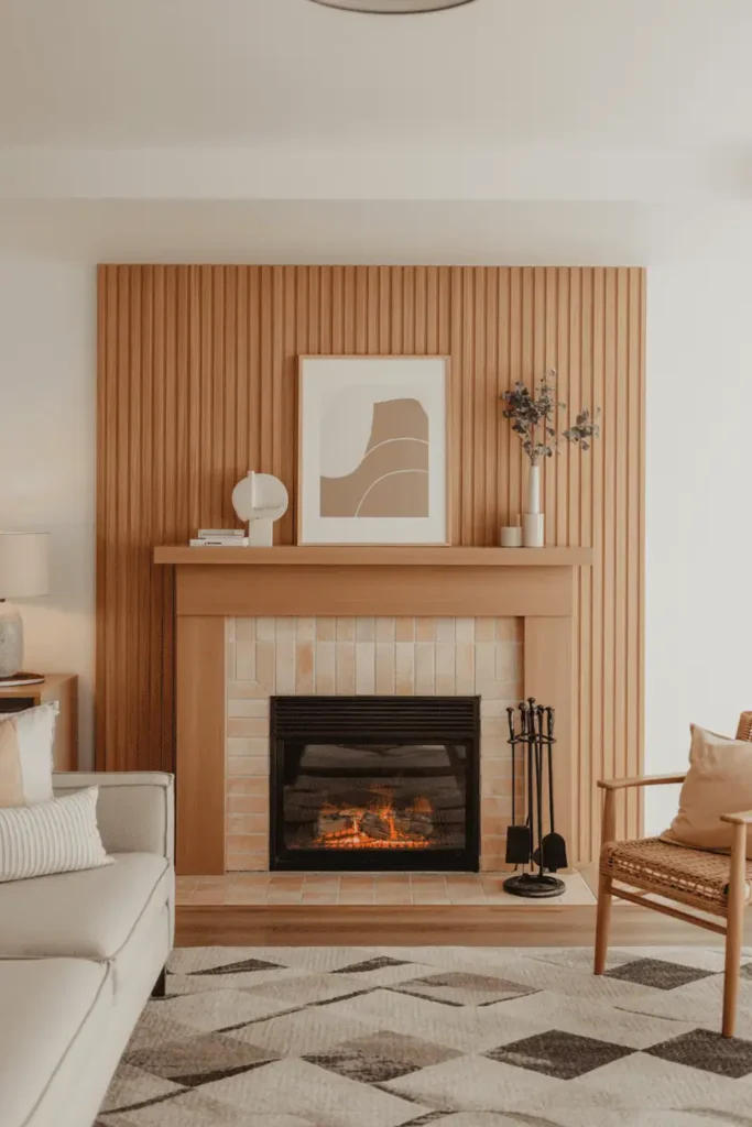 Living room with wooden fireplace surround, simple mantel styling, neutral seating, warm natural materials, balanced focal point, Scandinavian–modern wood aesthetic, realistic interior photography, high resolution, no people, no text, no watermark