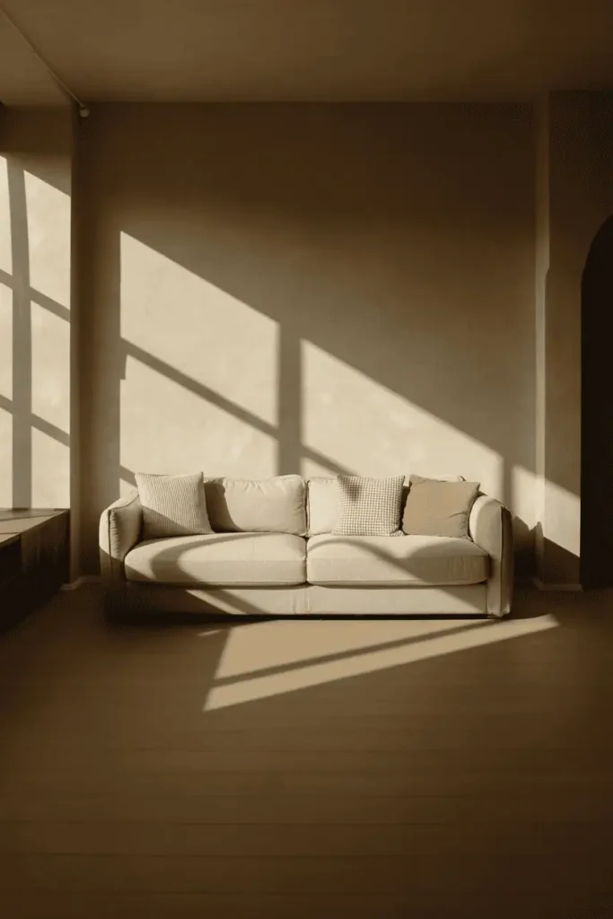 Minimalist living room with warm wood surfaces illuminated by natural daylight, soft shadows, changing light tones, calm editorial atmosphere, realistic interior photography, high resolution, no people, no text, no watermark