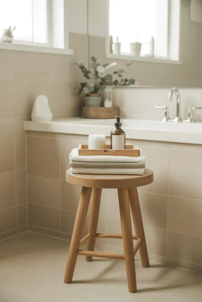 Bathroom styled with light wood accessories such as stool or tray, neutral palette, soft towels, spa-like calm, natural daylight, realistic interior photography, no people, no text, no watermark
