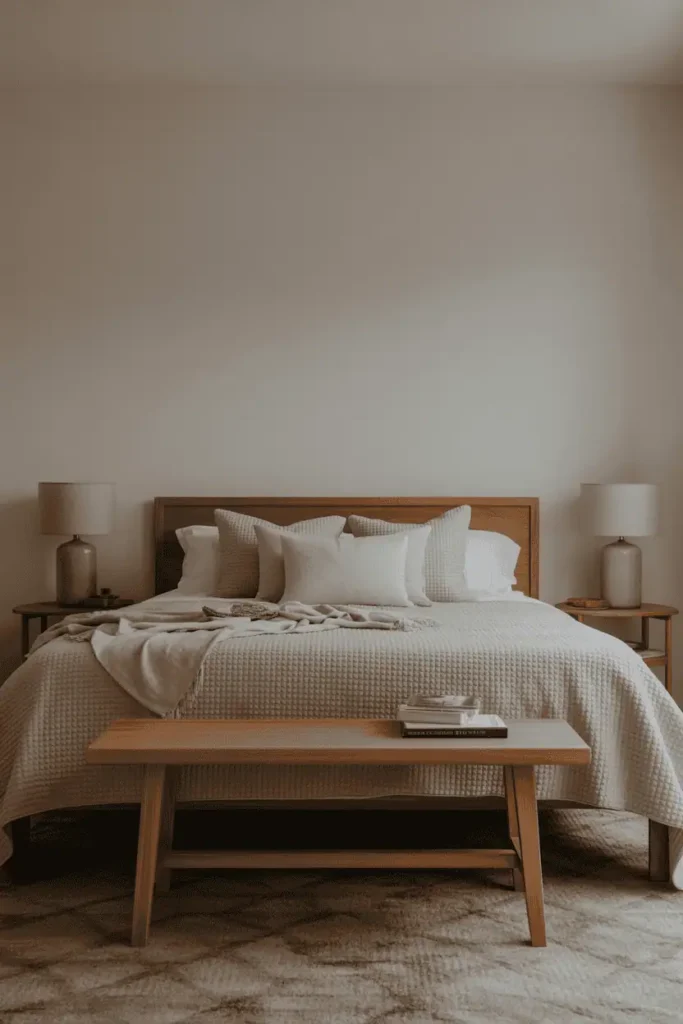 Bedroom with wooden bench placed at the foot of the bed, simple form, warm wood tone, neutral bedding, calm and balanced layout, realistic interior photography, no people, no text, no watermark