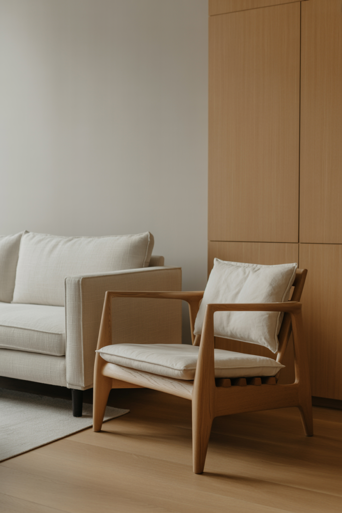 Japandi living room with a sculptural wood-framed lounge chair, linen seat, placed beside sofa, light oak tones, soft natural light, minimalist calm composition, editorial interior photography, no people, no text
