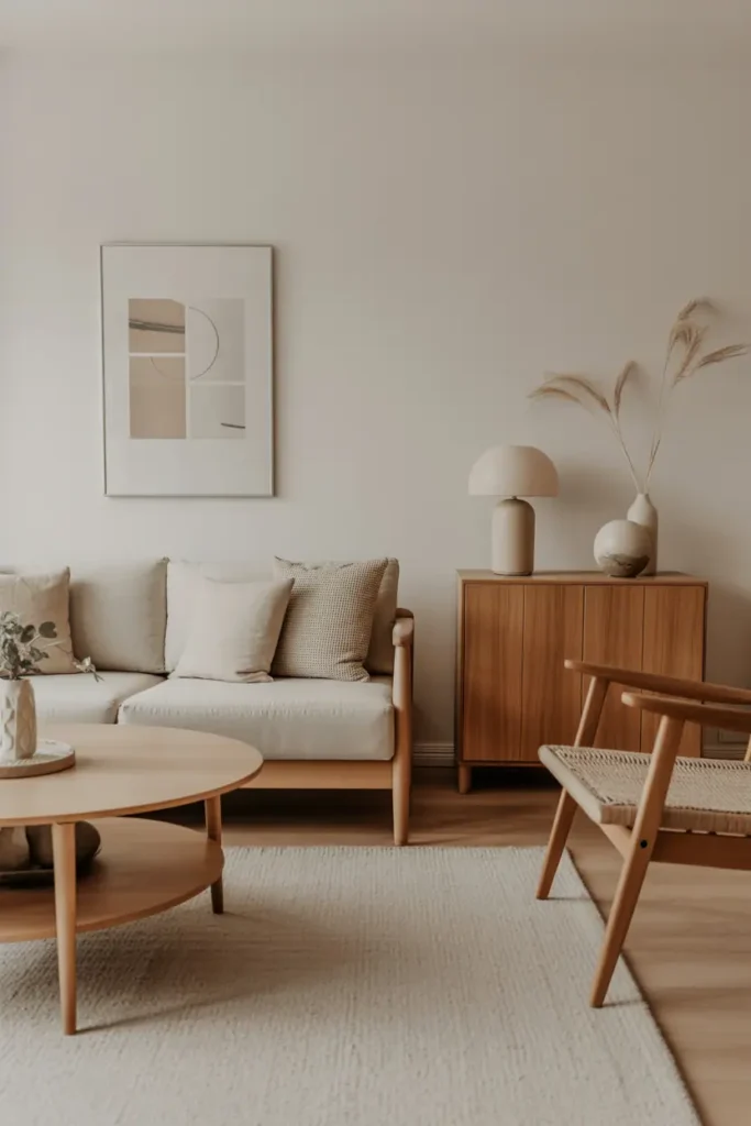 Minimalist living room with slightly varied wood tones, cohesive but not matching furniture, neutral decor, calm and natural styling, Scandinavian-modern aesthetic, realistic interior photography, high resolution, no people, no text, no watermark