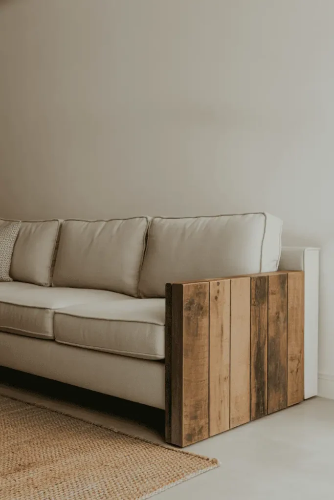 Modern living room with a single rustic reclaimed wood accent piece, clean-lined sofa, neutral palette, textured contrast, editorial interior composition, Scandinavian–modern wood aesthetic, realistic interior photography, high resolution, no people, no text, no watermark