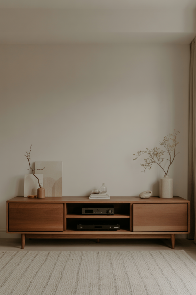 Japandi living room with low wooden media console, hidden storage, clean lines, neutral color palette, subtle wood grain, soft ambient light, uncluttered styling, realistic interior photography, no people, no text