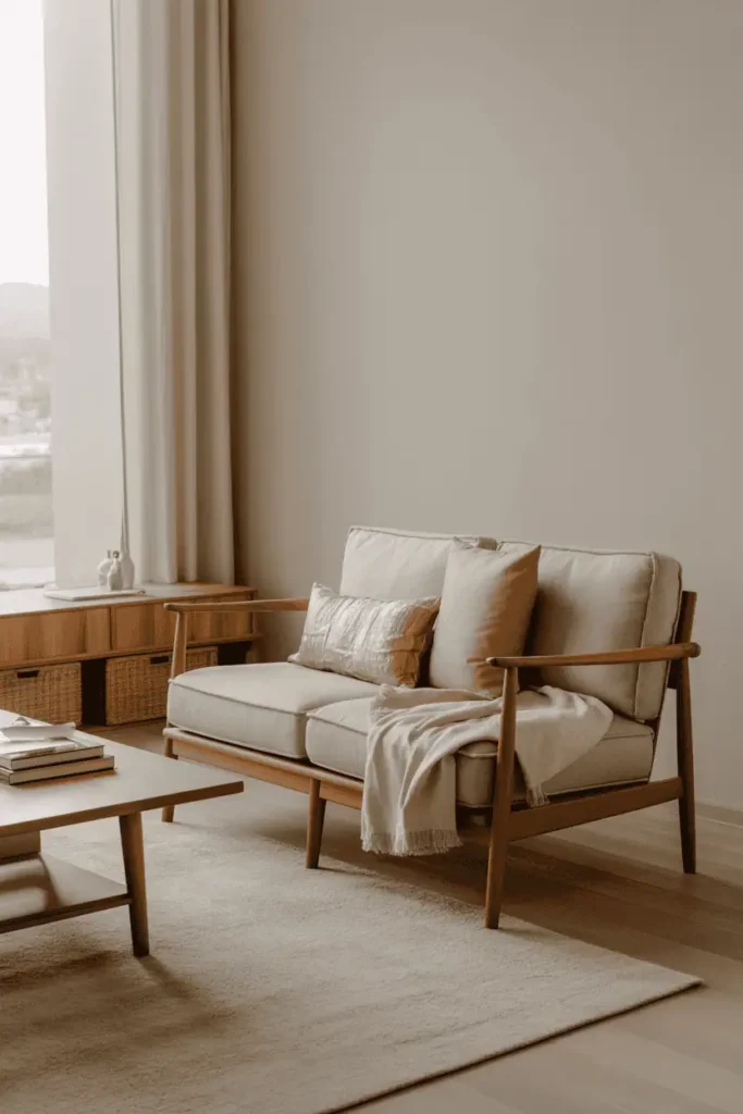 Living room with warm wood furniture paired with soft wool rug and linen upholstery, cozy yet minimal atmosphere, neutral color palette, natural daylight, realistic interior photography, high resolution, no people, no text, no watermark