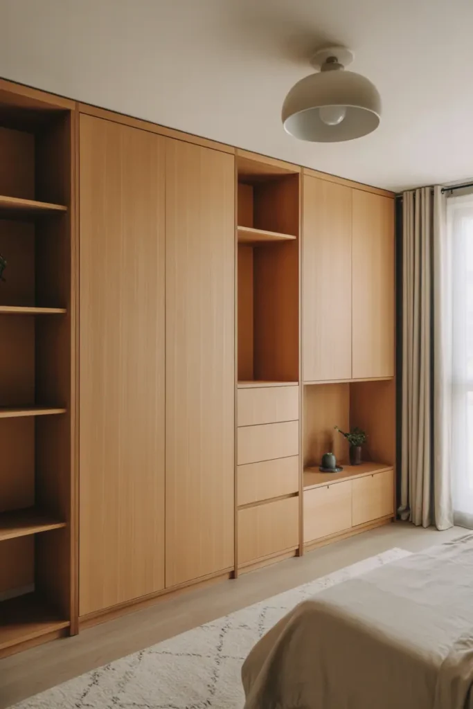 Minimalist bedroom storage furniture in wood with no visible hardware, smooth fronts, subtle details, calm and understated design, natural light, realistic interior photography, no people, no text, no watermark