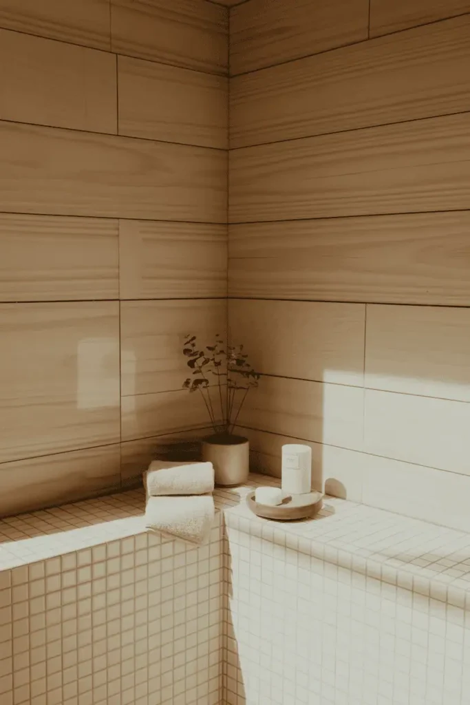 Quiet bathroom corner with light wood textures, white tile, soft shadows, calm spa atmosphere, close-up editorial interior photography, no people, no text, no watermark
