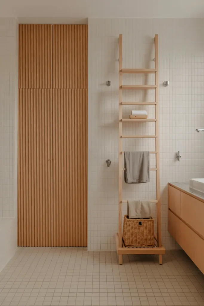 Bathroom featuring subtle vertical light wood accents such as narrow slats or ladder-style storage, neutral tiles, calm and balanced composition, realistic interior photography, no people, no text, no watermark
