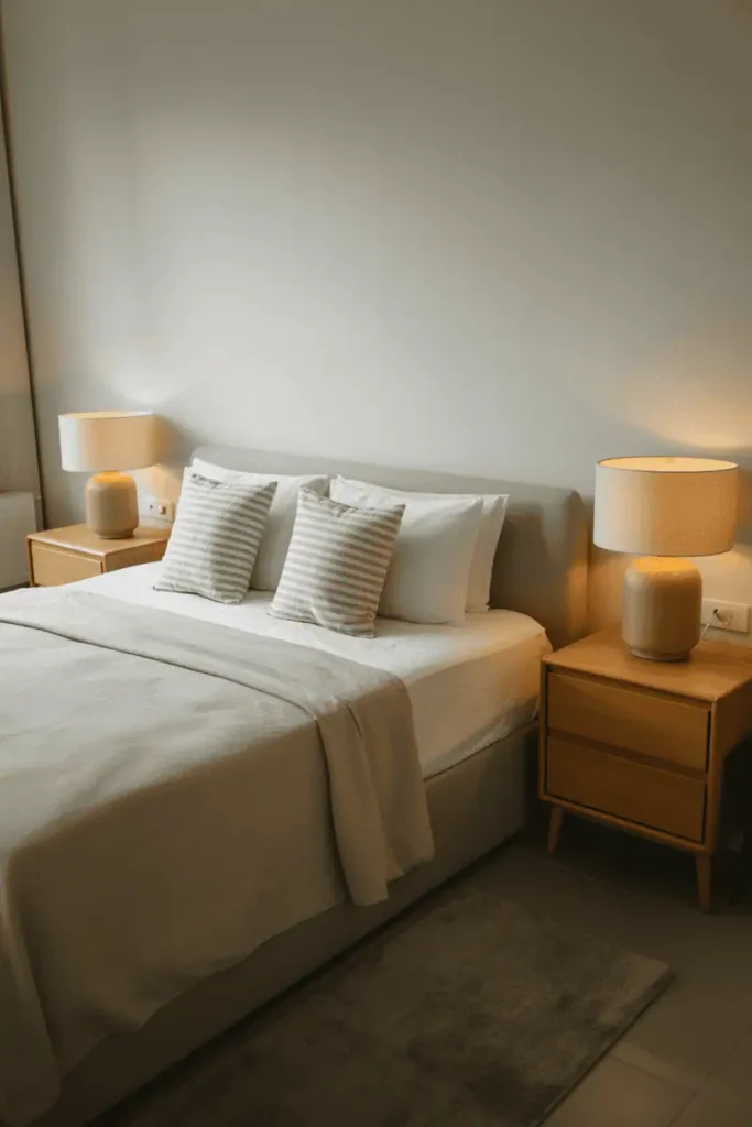 Bedroom with simple wooden nightstands beside bed, uncluttered surfaces, soft lamp light, neutral bedding, calm and intentional styling, realistic interior photography, no people, no text, no watermark
