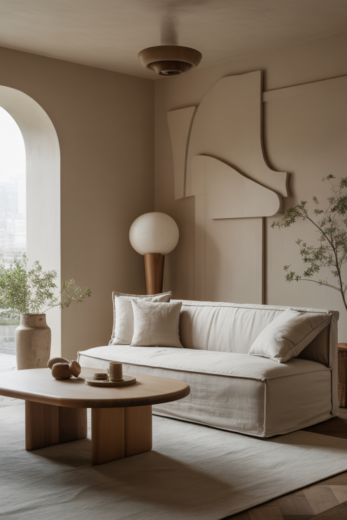 Japandi living room featuring a rounded wooden coffee table, low seating, neutral sofa, linen textures, soft daylight, organic shapes, calm minimalist aesthetic, interior magazine photography, no people, no text