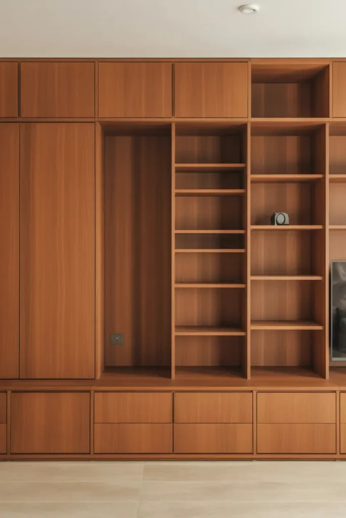Living room with built-in wooden storage cabinets and shelving, clean lines, warm wood finish, seamless architectural integration, uncluttered and calm interior, Scandinavian–modern wood aesthetic, realistic interior photography, high resolution, no people, no text, no watermark