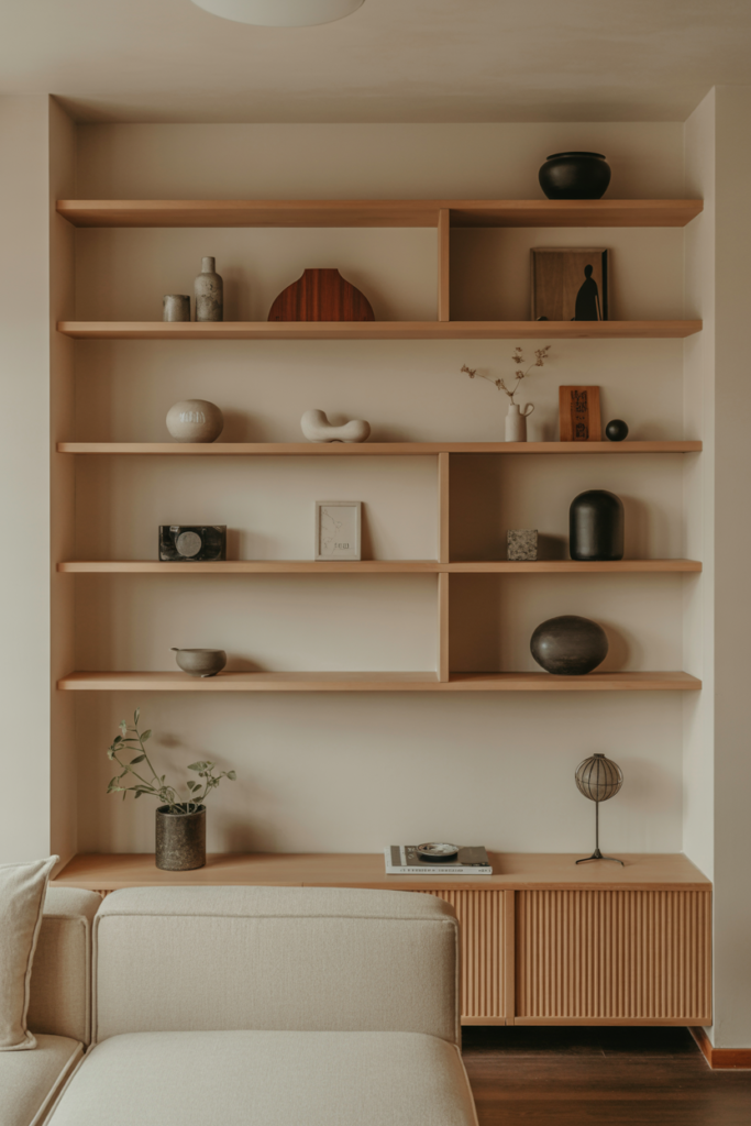 Japandi living room with floating light wood shelves, minimal ceramic decor, neutral wall color, uncluttered composition, warm natural light, calm editorial styling, realistic interior photography, no people, no text