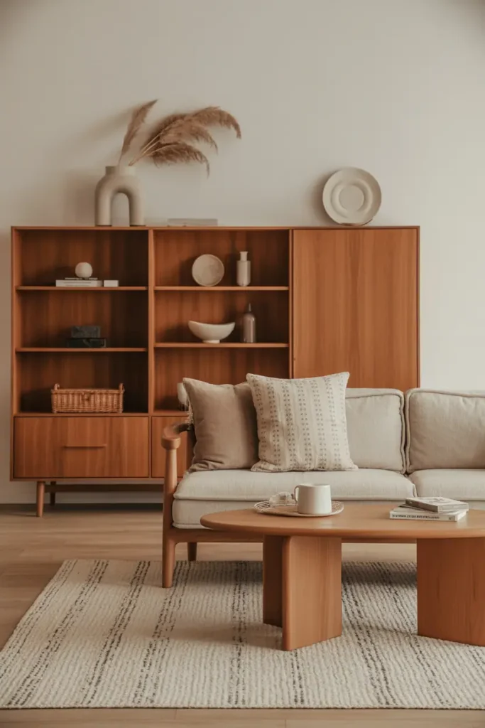 Living room with warm wood furniture layered over textured neutral rug, soft textiles, balanced and cozy composition, Scandinavian–modern wood aesthetic, realistic interior photography, high resolution, magazine-style composition, no people, no text, no watermark