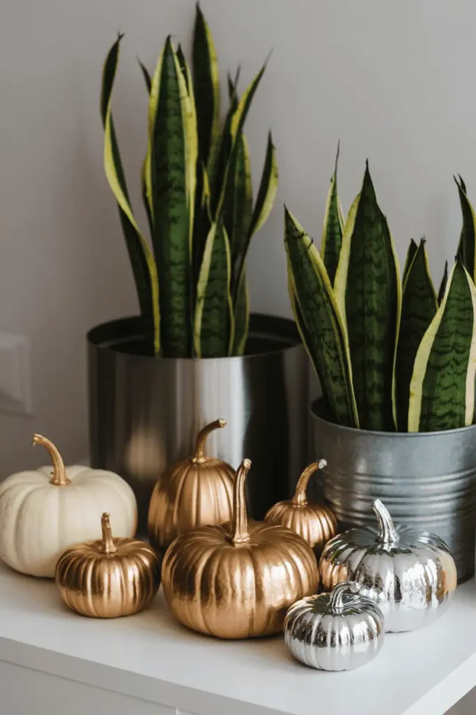 Metallic and matte pumpkins styled together for chic modern porch.