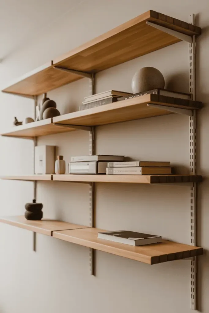 Minimal floating wood shelves installed on wall, natural wood tone, clean modern look, light styling, realistic DIY result, soft natural light, editorial interior photography, no people, no text, no watermark
