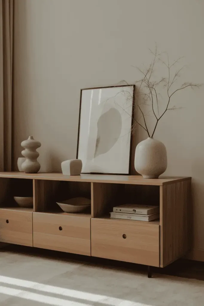 Minimalist wood storage furniture with subtle hardware details, clean lines, matte finishes, neutral living room setting, soft natural light, editorial interior photography, high resolution, no people, no text, no watermark