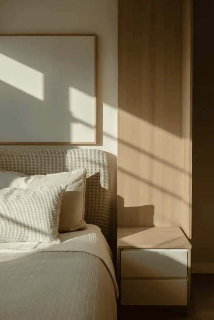 Quiet bedroom corner with light wood furniture, neutral textures, soft shadows, calm and reflective atmosphere, close-up editorial interior photography, no people, no text, no watermark