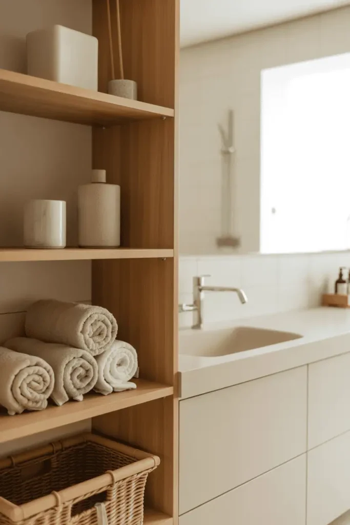 Spa-inspired bathroom with light wood open shelving, rolled neutral towels, minimal containers, negative space, calm and airy styling, natural daylight, realistic interior photography, no people, no text, no watermark
