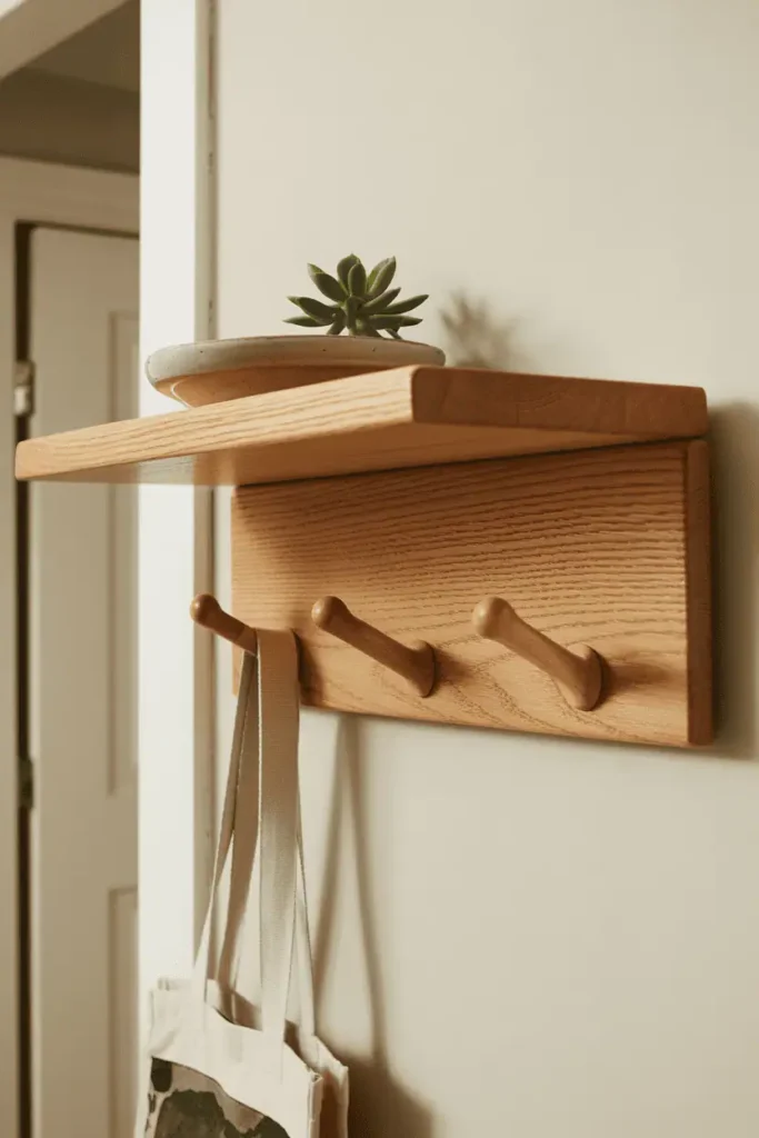 A shallow oak plank shelf mounted on a hallway wall with three wooden pegs dropping from the underside. A small ceramic dish and succulent rest on the shelf top. A canvas bag hangs from one peg below. Shot straight-on, clean lines, warm wood tones against white walls. Practical and refined composition.