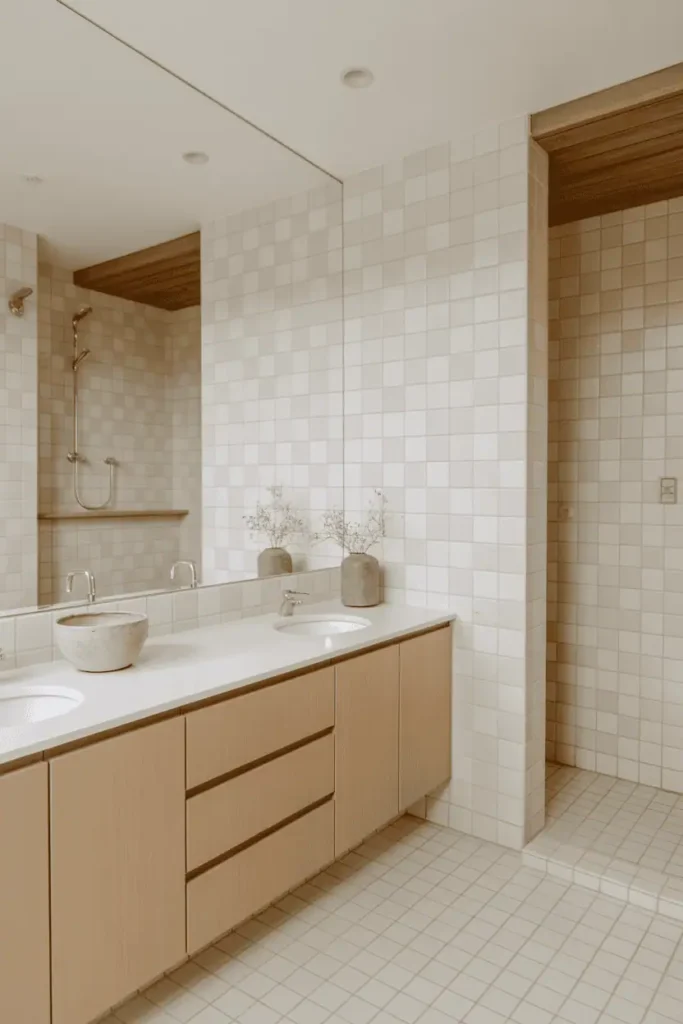 Bathroom combining light wood cabinetry with white or soft stone tiles, neutral tones, calm and cohesive spa feel, subtle textures, realistic interior photography, no people, no text, no watermark
