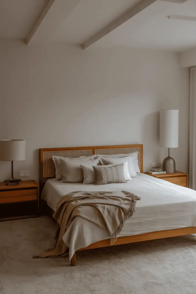 Bedroom with low-profile wooden furniture including low bed and nightstands, grounded and restful composition, neutral palette, soft natural light, realistic interior photography, no people, no text, no watermark