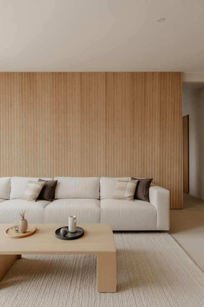 Japandi living room with vertical light wood slat accent wall behind sofa, low neutral seating, natural textures, minimal decor, soft indirect daylight, architectural calm, high-end interior photography, realistic proportions, no people, no text