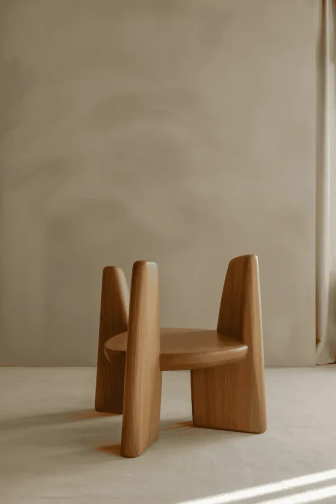 Minimalist living room featuring one statement wooden furniture piece, sculptural form, neutral background, calm and intentional styling, soft daylight, editorial interior photography, high resolution, no people, no text, no watermark