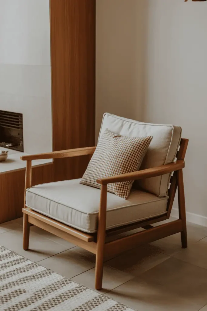 Wooden lounge chair with exposed wood frame and neutral cushions placed in a living room corner, warm tones, relaxed modern styling, soft natural daylight, Scandinavian–modern wood aesthetic, realistic interior photography, high resolution, no people, no text, no watermark