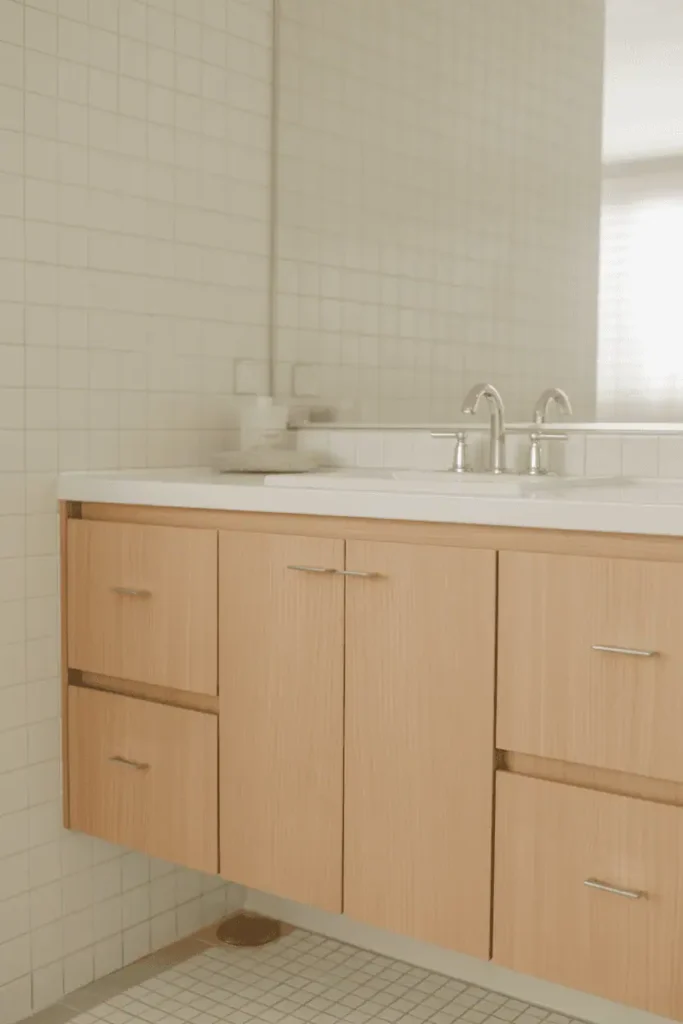 Bathroom with a light wood vanity, clean lines, minimal hardware, pale oak finish, white tile background, floating design, calm spa atmosphere, natural daylight, realistic interior photography, no people, no text, no watermark
